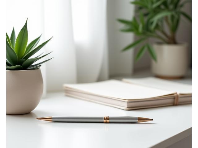 En minimalistisk skrivepult med en plante og notatbok, symboliserer kommunikasjon og design.