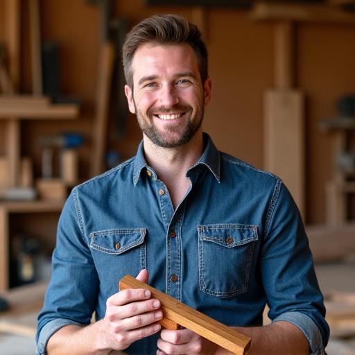Portrett av Erik, Møbelsnekker, med et smil og verktøy i et verksted