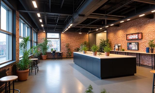 Kreativt studio og arbeidsområde i Trondheim, med industrielle elementer og åpen planløsning.