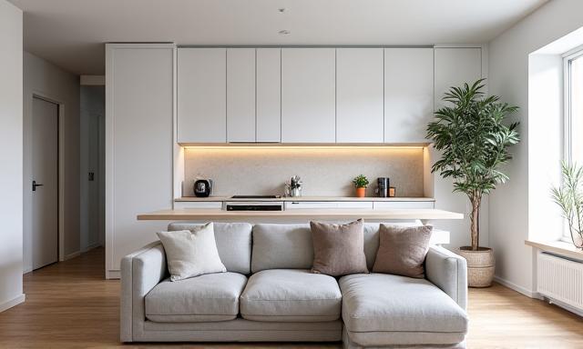 Minimalistisk og lyst leilighetsinteriør i Oslo sentrum, med smart lagring og designmøbler.