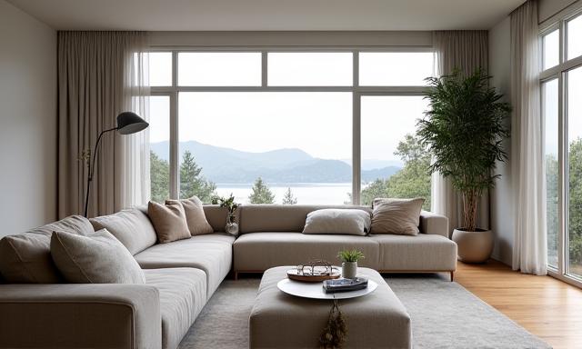 Moderne stue i en privatbolig i Bergen, med naturlig lys og minimalistisk design.