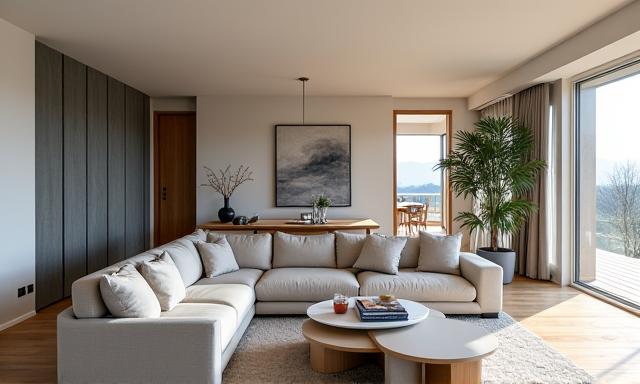 Elegant villa i Os, med romslige oppholdsrom, designerbelysning og kunstverk.