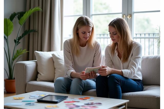 Interiørstyling-konsultasjon: designer diskuterer fargepalett med klient i en stilfull stue
