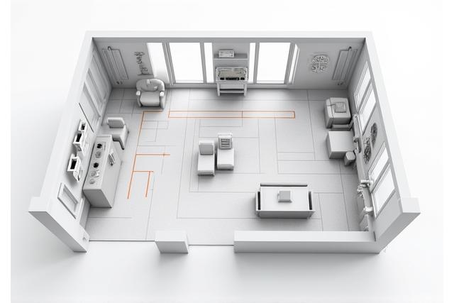 Romplanlegging og optimalisering: 3D-visning av en moderne stue med planløsning